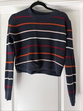Banana Republic Navy Striped Crewneck Sweater with Red, Orange & Pink Accents